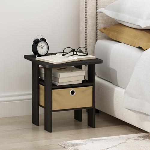 Furinno ANDREY Square Side Table, End Table, Night Stand, Dark Espresso | Open Shelves, Storage Bin, Soft-Corner, Modern Bedside Table for Small Spaces, Study, Dorm, Living Room, Bedroom - color: Dark Espresso/Brown, size: 1-Pack, Center Bin
