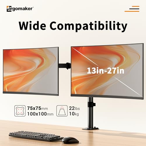 Dual Monitor Mount, Height Adjustable Swivel for 13-27" Screens | Monitor Stand with Steel Frame Supports Up To 22 Lbs; Includes C-Clamp Mount and Adjustable Tilt/Rotation For Optimal Viewing - size: Dual Up to 27"