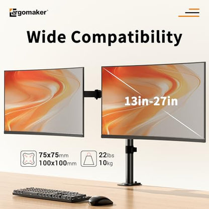 Dual Monitor Mount, Height Adjustable Swivel for 13-27" Screens | Monitor Stand with Steel Frame Supports Up To 22 Lbs; Includes C-Clamp Mount and Adjustable Tilt/Rotation For Optimal Viewing - size: Dual Up to 27"
