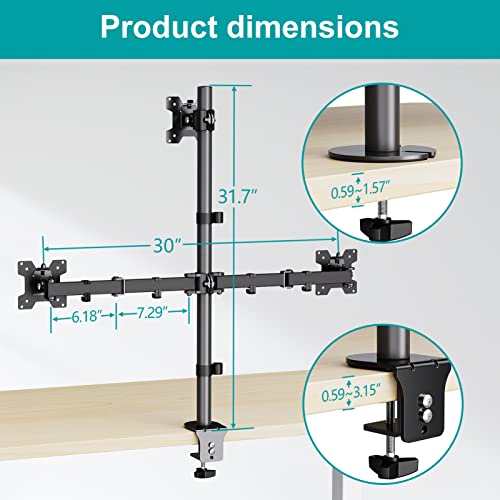 MOUNT PRO Triple Monitor Mount, Monitor Desk Mount for 3 Screens up to 32 inch, 17.6 lbs Each, Fully Adjustable Stacked Computer Stand, Table VESA Mounting, C clamp/Grommet Base - style: Max 32“ Basic（stacked）