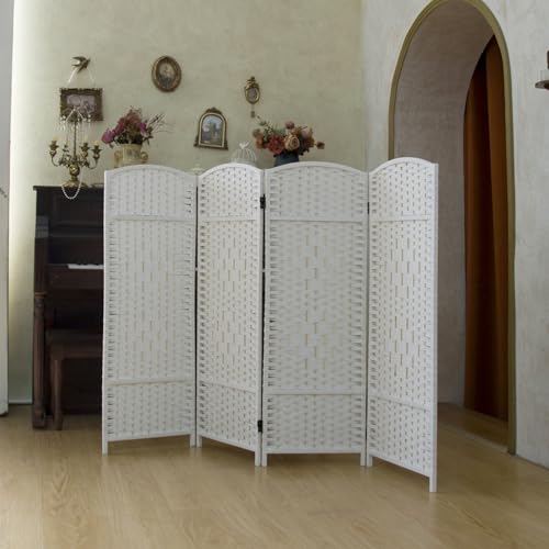 Compact 4 Panel Short Room Divider, 47.2 Inch Tall Double-Sided Rattan Folding Privacy Screen for Home & Office,White - color: White, size: 4 Panel