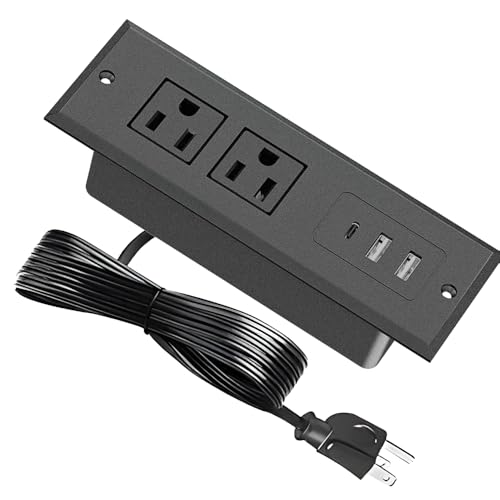 Recessed Power Strip, Flush Mount Power Adapter Charging Station with USB C Plug Multiple Surge Protector Hidden Outlet Extender with Extension Cord for Desk Furniture Table Nightstand Bed (Black)