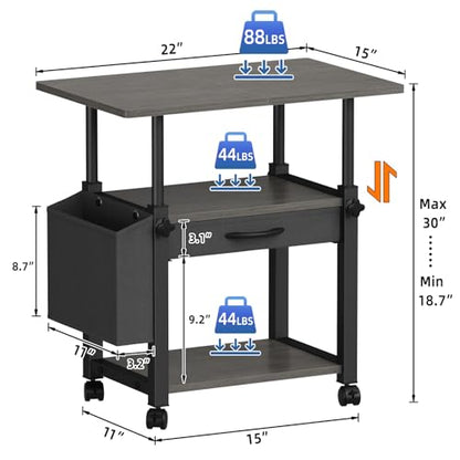 YAOHUOO 22"x15" Large Printer Stand with Drawer, 3-Tier Rolling Table Cart - color: Gray, size: 3-Tier