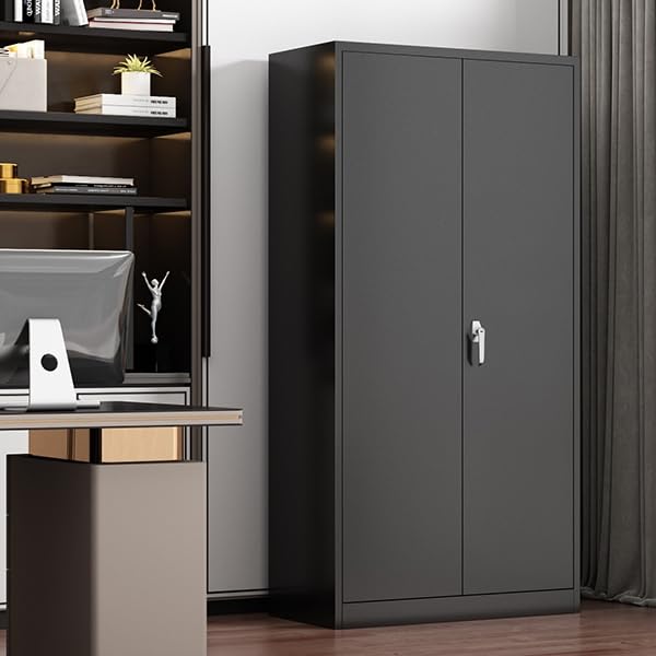Black Metal Storage Cabinet with Door, Locking Steel Cabinet with 4 Adjuestable Shelves, Tall Lockable Garage Tool Storage Cabinet for Home, Office, Pantry, Assembly Required - size: 35.43" W x 17.71" D x 70.87" H