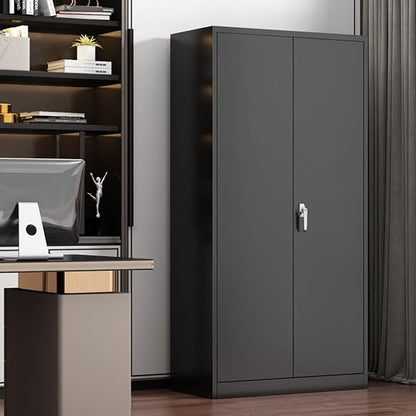 Black Metal Storage Cabinet with Door, Locking Steel Cabinet with 4 Adjuestable Shelves, Tall Lockable Garage Tool Storage Cabinet for Home, Office, Pantry, Assembly Required - size: 35.43" W x 17.71" D x 70.87" H