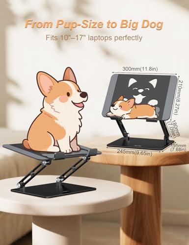 Aoviho Aluminum Laptop Stand for Desk Fit for All 10"-17.3" Laptops, Black | Height-adjustable Notebook Holder, Ergonomic Computer Riser with Unique Puppy Cooling Vent, for Mac, Dell, Lenovo, HP - color: Black
