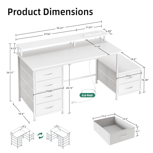 52 Inch Office Desk with 6 Drawers and Printer Space for Storage, Reversible Computer Desk with Monitor Stand & Power Outlets, Home Office Desks, White