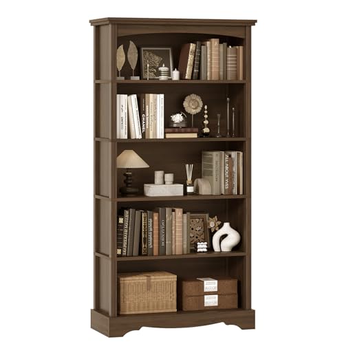 TVU 5-Tier Wooden Bookshelf, 31.5" W x 65" H ×9.9" D Bookshelf with Storage, Floor Standing Modern Style Display Bookcase for Living Room, Office, Study Room, Entryway, Brown - color: Brown, size: 5 Tier