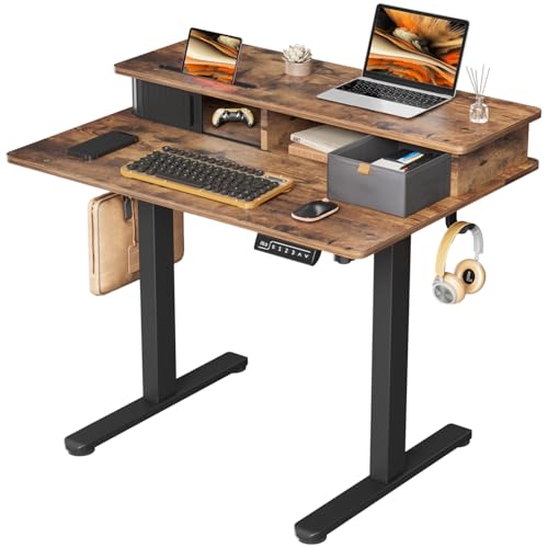JOY worker 35" Small Electric Adjustable Desk with Monitor Stand & Drawer | Rustic Brown 35" x 25" Height Adjustable Desk for Tight Space, Shutter Door & Shelf, Sit Stand Desk with 2 Hooks, Home Office - color: Rustic Brown, size: 35inch