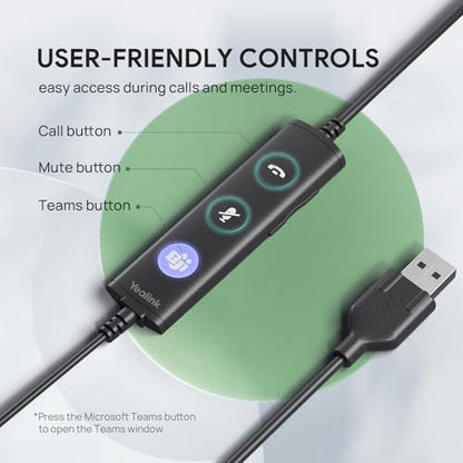 Yealink UH34 Wired Headset,USB-A,Noise Canceling Mic,in-Line Control,On-Ear - color: Mono-Ear (Leather Earpads), size: USB-A (1 Pack)