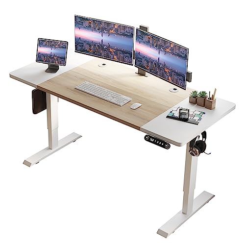 63 Inch Electric Standing Desk, Height Adjustable Sit Stand Desk with Memory Control and Spacious Desktop for Home Office - color: Oak+white, size: 63 x 30'' (Rectangular, Single Motor)