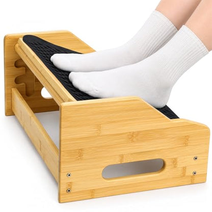 Hiceeden Bamboo Foot Rest Under Desk, Ergonomic Footrest with 4 Adjustable Heights, Non-Slip Foot Stool with Massage Surface for Office & Home Work, Improves Posture & Leg Circulation
