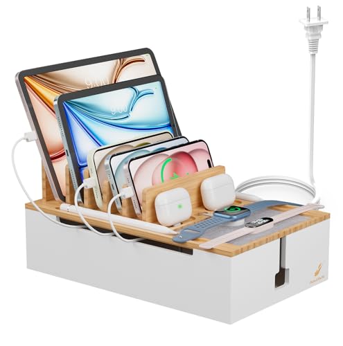 Pezin & Hulin Bamboo Charging Station for Multiple Devices-Natural+White - color: Natural+White, size: Dock+Charger+Cables
