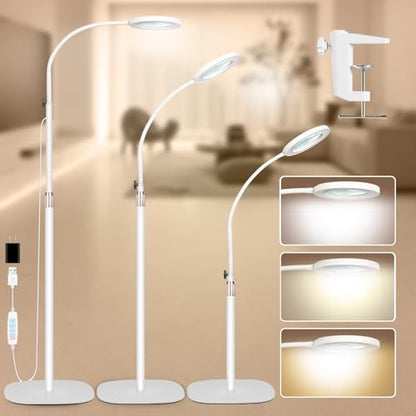 HITTI 10X & 30X Floor Magnifying Glass with Light, Standing Mag Lamp for Close Work, Esthetician, Jewellery, Crafts, Lash, Adjustable Color Modes and Flexible Gooseneck LED Lighted Magnifier(White)