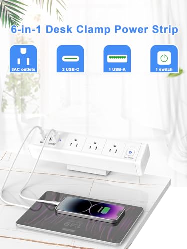 Desk Clamp Power Strip 3 Outlet 2 65W USB-C Ports White - color: White-2