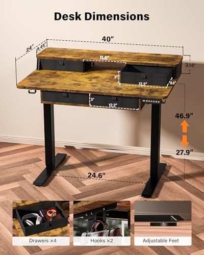 FiCiHi 40x24 Inch Electric Standing Desk, 4 Drawers, Adjustable Height Desk - color: Rustic Brown, size: 40"x24" (4 Drawers)