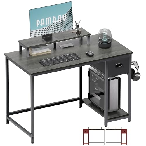 Pamray 39 Inch Small Computer Desk with Monitor Stand and Drawer for Gaming | Small Gaming Desk, for Bedroom Small Spaces, Home Office, Dorm and Apartment, for Writing, Study and Working - color: Grey