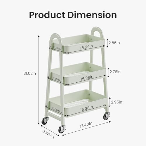 DUMOS 3 Tiers Rolling Utility Cart, Storage Organizer, Shelving Unit | Metal, Lockable Wheels, Mobile, Kitchen, Office, Bathroom, Laundry, Narrow Places, Light Green - color: 3-tier Green
