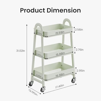 DUMOS 3 Tiers Rolling Utility Cart, Storage Organizer, Shelving Unit | Metal, Lockable Wheels, Mobile, Kitchen, Office, Bathroom, Laundry, Narrow Places, Light Green - color: 3-tier Green