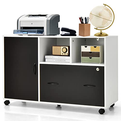 Lateral File Cabinet with Lock, Filing Cabinet for Legal/Letter/A4 Size Files, 40” Printer Stand with Open Storage Shelves for Home Office, Mobile File Cabinets on Wheels - color: Black, size: 40" x 16" x 26"