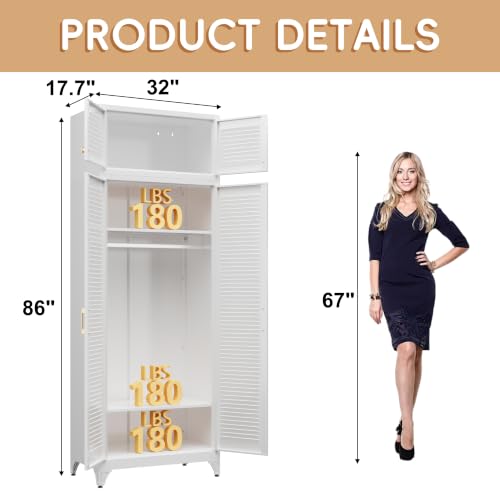 Steeloong 86"Armoire Wardrobe Close,Metal Wardrobe Cabinet with Hanging Rod | White Closet Cabinet with Doors and Adjustable Shelves,Freestanding Clothing Storage Cabinets for Bedroom Office,Gym,Hospital - color: White, style: 86"H Wardrobe
