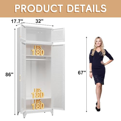 Steeloong 86"Armoire Wardrobe Close,Metal Wardrobe Cabinet with Hanging Rod | White Closet Cabinet with Doors and Adjustable Shelves,Freestanding Clothing Storage Cabinets for Bedroom Office,Gym,Hospital - color: White, style: 86"H Wardrobe