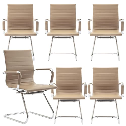 Waiting Room Chairs Set of 6, Office Desk Chair No Wheels, PU Leather Computer Chairs Mid Back Guest Chairs for School Reception Conference, Light Brown - color: Light Brown, size: 6PCS