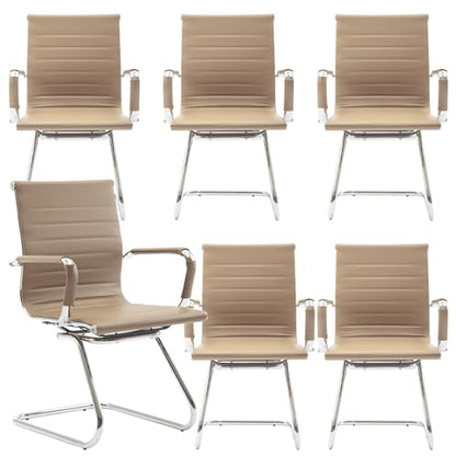 Waiting Room Chairs Set of 6, Office Desk Chair No Wheels, PU Leather Computer Chairs Mid Back Guest Chairs for School Reception Conference, Light Brown - color: Light Brown, size: 6PCS