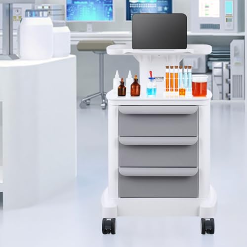 VEVOR 4 Tiers Lab Carts, Lab Utility Cart with 3 Drawers & 1 Top Tray, Mobile Medical Cart with ABS Material, Lab Rolling Cart with 4 Silent Wheels for Lab, Clinic, Hospital, Salon, White - color: White + Gray