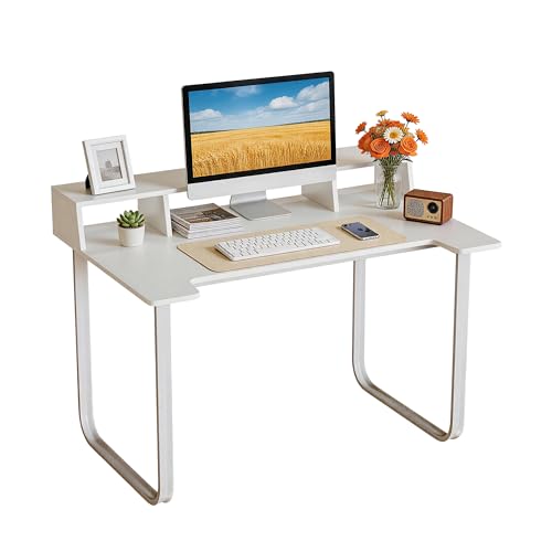 Modern White Computer Desk with Monitor Stand Riser, U-Shaped Metal Leg Home Office Writing Desk, Space Saving Study Workstation Desk for Bedroom Office (White) - color: White