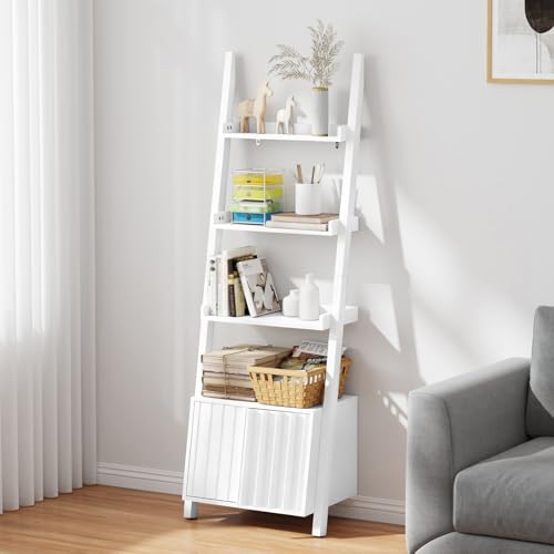 Ladder Bookshelf with Storage Space,4 Tier Ladder Shelf,Wooden Ladder Bookcase,Freestanding Corner Shelf for Home Office,Living Room,Bedroom (White) - color: White