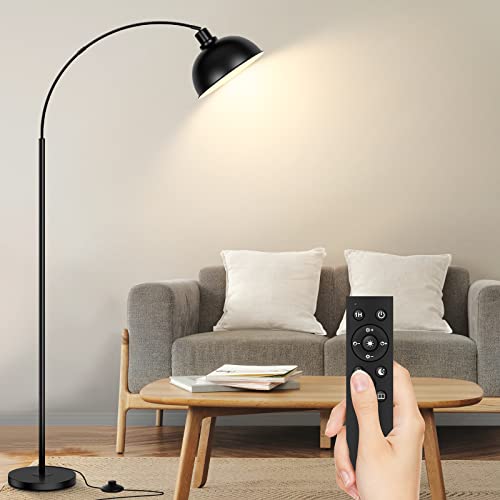 Arc Floor Lamps for Living Room, Modern Tall Standing Lamp Remote Control,Stepless Dimmable Black Floor Lamp with Hanging Dome Shade, Over Couch Arched Reading Lamp for Bedroom (Bulb Included) - color: Black