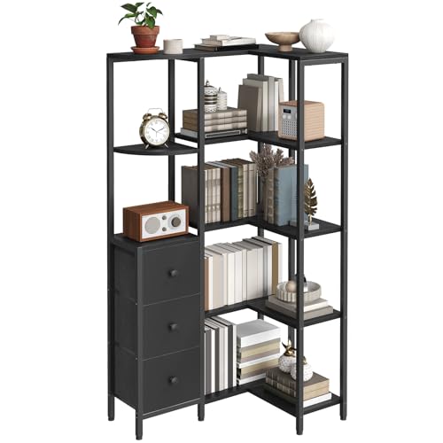 Corner Bookshelf, 5-Tier L-Shaped Bookcase with 3 Fabric Drawers, Storage Display Shelf, Freestanding Tall Open Shelf, for Living Room, Bedroom, Home Office, Black SJ12BB - color: Black
