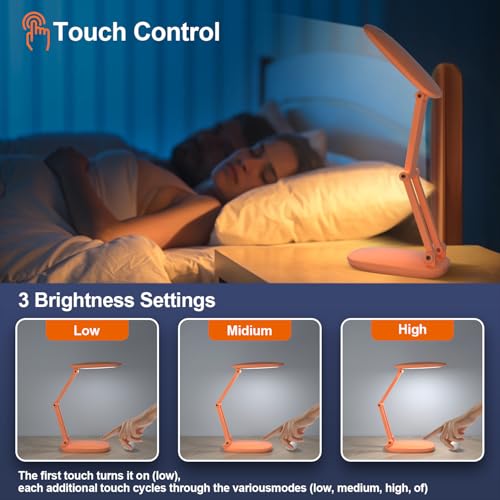 Akejrym LED Desk Lamp for Office Home & Battery Operated Lamp Rechargeable Lamp Foldable & Portable Light, [2-Fold Bracket] 3 Brightness Dimmable Small Desk Lamp Wireless Reading Lamp (Orange) - color: Orange