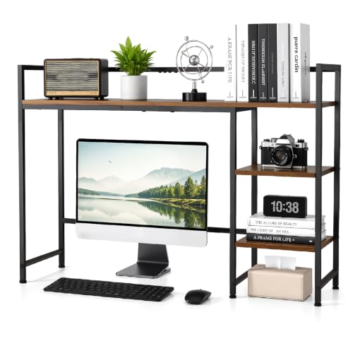 22" Desk Hutch for Computer Monitor - 3 Tier Wooden Shelf Organizer, Brown | Rustic 22" 3-tier wooden desk shelf & monitor stand. Multipurpose desk hutch storage organizer for home office, dorm.