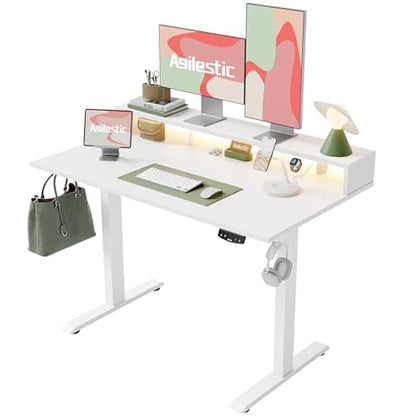 Agilestic 48 * 24 Inch Electric Standing Desk with Shelf & Led, White - color: Led-white, size: 48 x 24 Inches with led and power strips