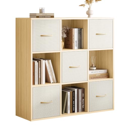EXPERLAM 9 Cube Storage Organizer - Solid Wood Bookshelf with 5 Storage Bins, Cube Shelf with 3 Removable Back Panels, Vertical or Horizontal Bookcase, Open Book Shelf for Bedroom, Living Room, Office - size: 9 Cube Shelf