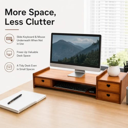 Bamboo Desk Monitor Stand with Drawer Wooden Computer Stand for Desk Monitor Riser with Storage for Laptop, PC Screen, TV, Printer, 3 Drawers + Hidden Keyboard Space