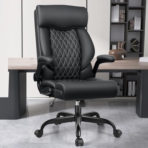 High Back Executive Office Chair - Ergonomic Computer Desk with Rocking Function, Leather Managerial with Adjustable Flip-Up Armrests and Lumbar Support - color: Black, style: Without Footrest