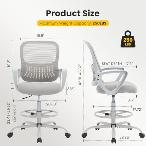 Sweetcrispy Tall Drafting Chair, High Office Desk Chair with Footrest | Comfy Lumbar Support, Counter Height Adjustable, Fixed Arms, 360° Computer Rolling Stool, Grey - color: Grey, size: 45 inches (H) x 23.62 inches (W) x 24.2 inches (L)