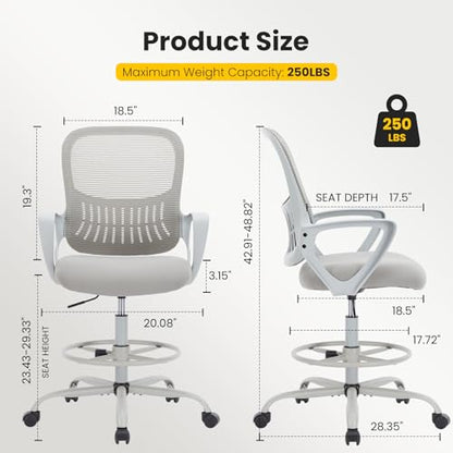 Sweetcrispy Tall Drafting Chair, High Office Desk Chair with Footrest | Comfy Lumbar Support, Counter Height Adjustable, Fixed Arms, 360° Computer Rolling Stool, Grey - color: Grey, size: 45 inches (H) x 23.62 inches (W) x 24.2 inches (L)