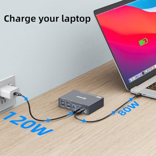 USB C KVM Switch 2 Monitors 1 Laptop 1 Desktop 4K@60Hz, HDMI Dual Monitor KVM Switch 2 Computers Share 2 Monitors and 4 USB3.0 Ports, 80W PD Charging, Wired Remote,USB-C Cable and 12V Adapter Included