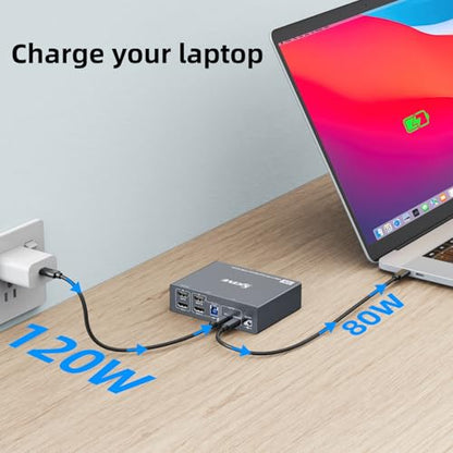 USB C KVM Switch 2 Monitors 1 Laptop 1 Desktop 4K@60Hz, HDMI Dual Monitor KVM Switch 2 Computers Share 2 Monitors and 4 USB3.0 Ports, 80W PD Charging, Wired Remote,USB-C Cable and 12V Adapter Included