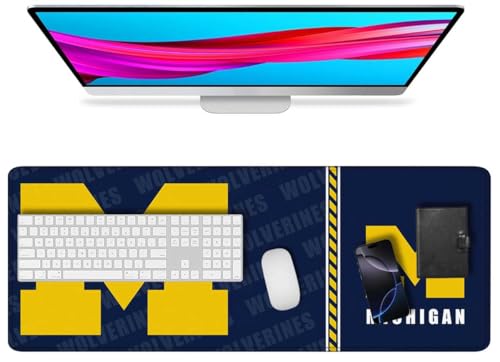 Large Gaming Mouse Pad with Stitched Edges, Durable Non-Slip Natural Rubber Base, College Football Keyboard Pad for Michigan Office Home, 31.5 x 11.7 in - color: Mic