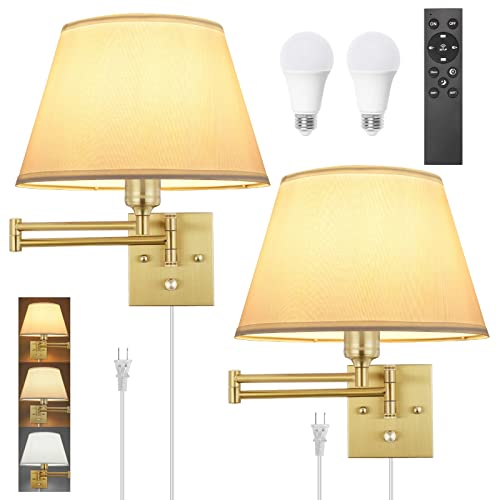 TRLIFE Remote Control Dimmable Wall Sconce, Adjustable Color Temperature 2700K-6500K Brushed Brass Swing Arm Wall Lights with Plug in Cord, 11.8" Large White Shade(2 Pack, 2 Bulbs) - color: Gold-Remote, size: Large