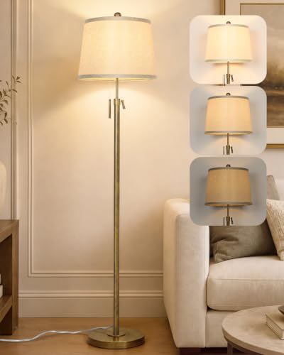Antique Brass Floor Lamp Adjustable Height 55" to 65" Tall 3 Brightness Way - color: Antique Brass+Beige Shade