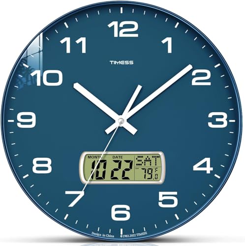 Wall Clock, 13" Dial Non-Ticking Silent Battery Operated Analog with LCD Display for Perpetual Calendar and F° Temperature, Ideal Modern Home, Office Decor (Blue) | Perpetual calendar, Fahrenheit temperature, easy-to-read analog dial, battery operated, id