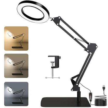 15X Magnifying Glass with Light – Real Glass Lens, 72 LEDs, 3 Color Modes Stepless Dimmable, Adjustable Swing Arm with Clamp and Base, Hands-Free Magnifier for Crafts, Reading, Repair, Close Work