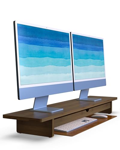 42” Dual Monitor Stand Riser with Large Drawer Keyboard Storage | Double Computer Monitor Riser Shelf for 55-72 Inch Desk Aesthetic Workplace Setup Desktop Organizer Toasted Bamboo - color: Toasted Bamboo, size: 42" with Larger Drawer