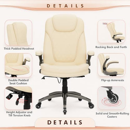 COLAMY Ergonomic High Back Office Chair, Ivory Bonded Leather Executive Desk Chair with Flip-up Arms, Thick Cushion, Silent Nylon Wheels, Adjustable Height & Rocking Function, 300lbs Capacity - color: Iovry White, size: set of 1